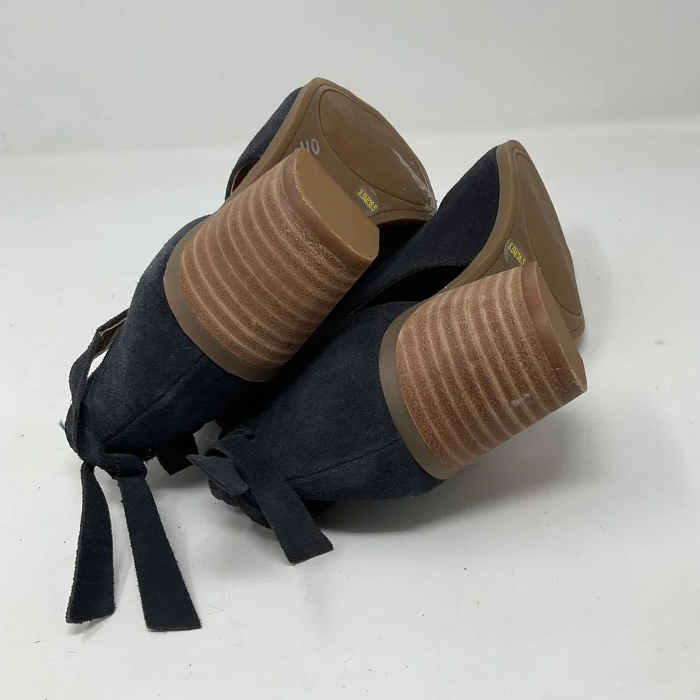 Lucky Brand Womens 8.5 Black Suede Peep Toe Cutout Block Heel Booties Tie Back